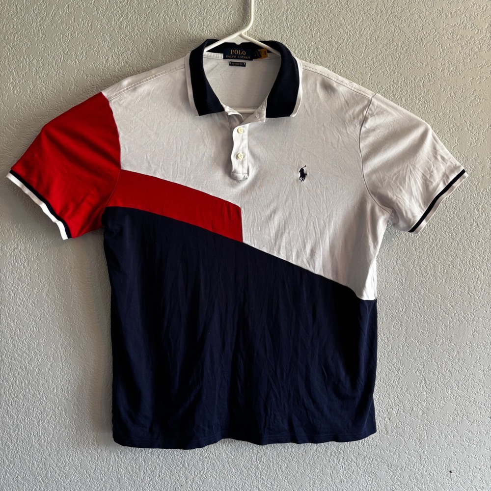 Polo Ralph Lauren Mens Classic Fit Colorblock Polo Shirt Red White Blue Large